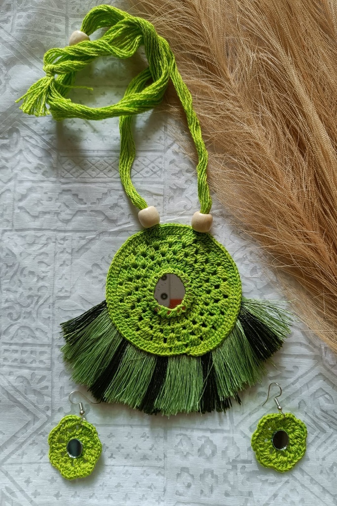 Saanvi Creation: Color Symphony - Round Crochet Jewellery Set for Endless Style Combinations! | Crochet Necklace | Boho Necklace | Parrot Green