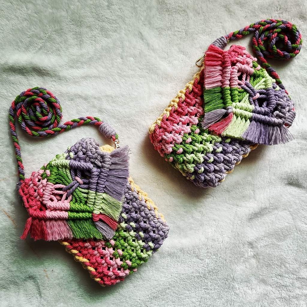Saanvi Creations' Mini Cube Clutch: The Compact Carry-All | Macrame Mini Sling Bag | Macrame Baby Bag | Macrame Mini Hand Bag | Baby Pink | Baby Bag | Sling Bag | Multi Color
