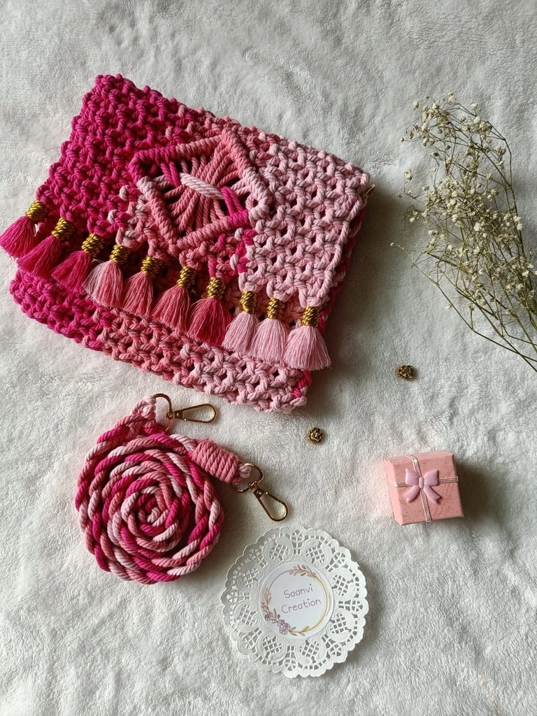 Saanvi Creations' Sunset Hues: Gradient Macrame Sling Bag | Macrame Sling Bag | Macrame Bag | Macrame Hand Bag | Baby Pink | Sling Bag | Multi Color 