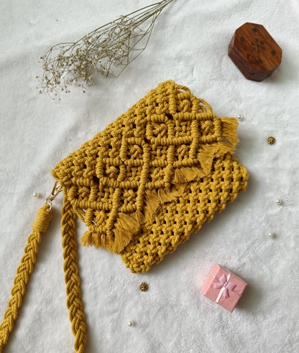  Saanvi Creations' Golden Glow Macrame Bag: Macrame Sling Bag | Macrame Sling Bag | Macrame Bag | Macrame Hand Bag | Sling Bag | Mustard Yellow