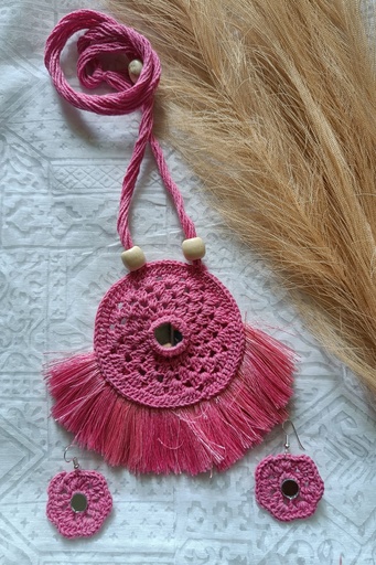Saanvi Creation: Color Symphony - Round Crochet Jewellery Set for Endless Style Combinations! | Crochet Necklace | Boho Necklace | Pink